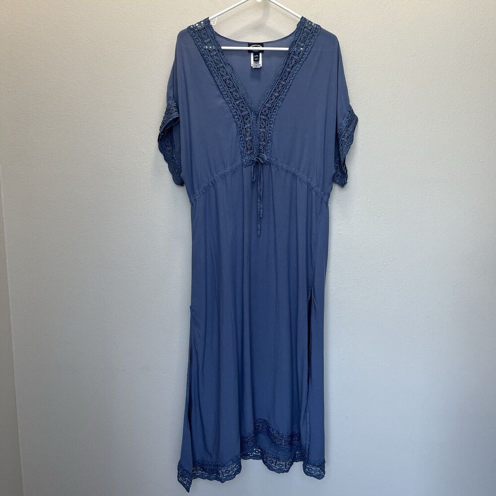 Scoop NYC | Blue Short Sleeve V Neck Maxi Dress Side Slits Large/XL Lace Trim